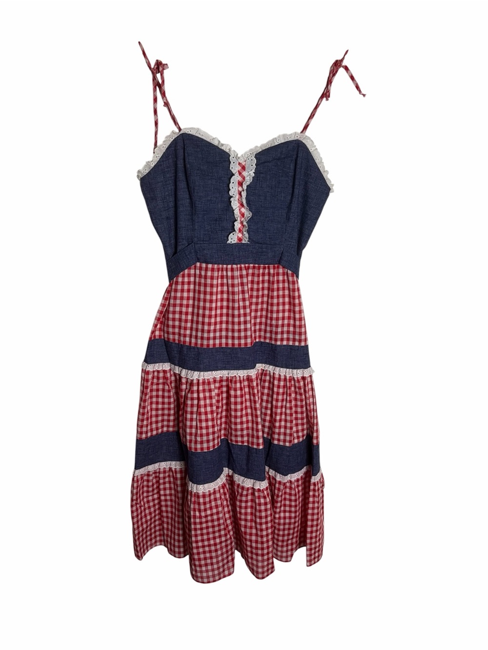 Vintage Candi Jones 70s red gingham & chambray prairie tie shoulder dress 13